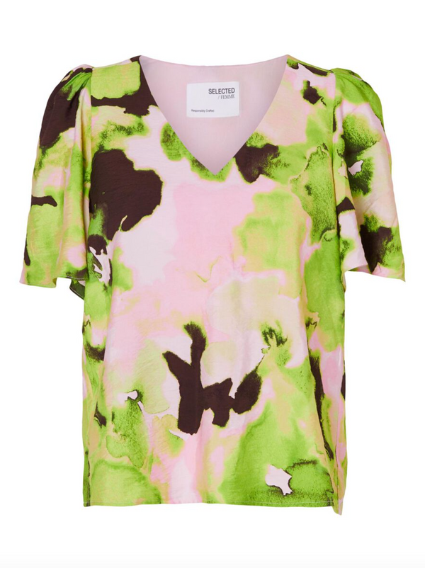Selected Femme Helinda pusero - kuvioitu - roosa - vihreä - naisten puserot - perhoshiha - v-aukkoinen - naisten vaatteet -  IHANA Store