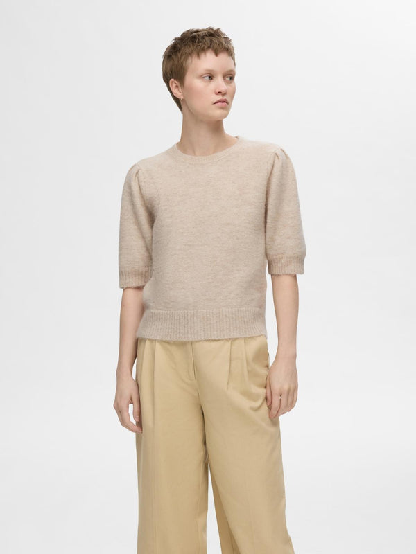 Selected Femme Lulu neulepusero- lyhythihainen - naisten vaatteet - yläosat - beige - IHANA Store 