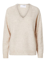 Selected Femme Lulu neule - beige - villaneule - v-aukko - v-aukkoinen neule - naisten vaatteet - IHANA Store 