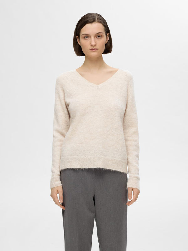 Selected Femme Lulu neule - beige - villaneule - v-aukko - v-aukkoinen neule - naisten vaatteet - IHANA Store 