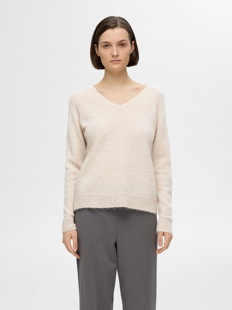 Selected Femme Lulu neule - beige - villaneule - v-aukko - v-aukkoinen neule - naisten vaatteet - IHANA Store 