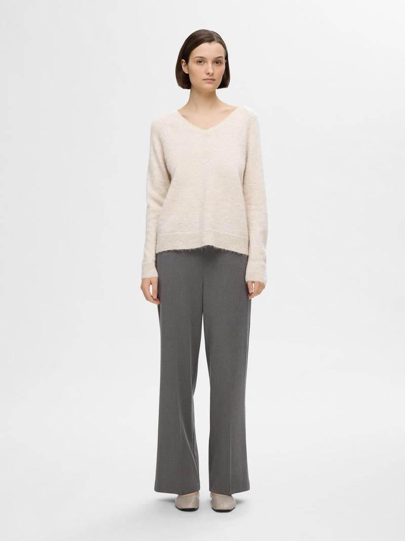 Selected Femme Lulu neule - beige - villaneule - v-aukko - v-aukkoinen neule - naisten vaatteet - IHANA Store  