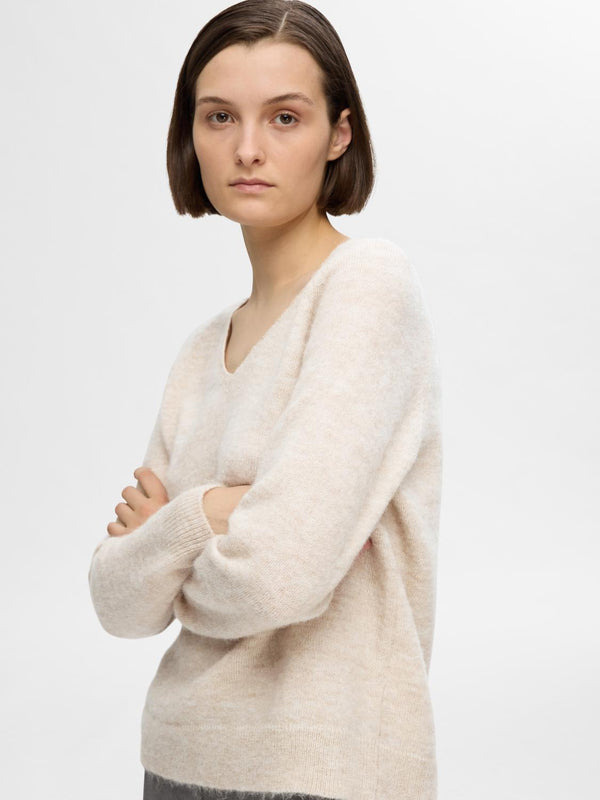Selected Femme Lulu neule - beige - villaneule - v-aukko - v-aukkoinen neule - naisten vaatteet - IHANA Store 