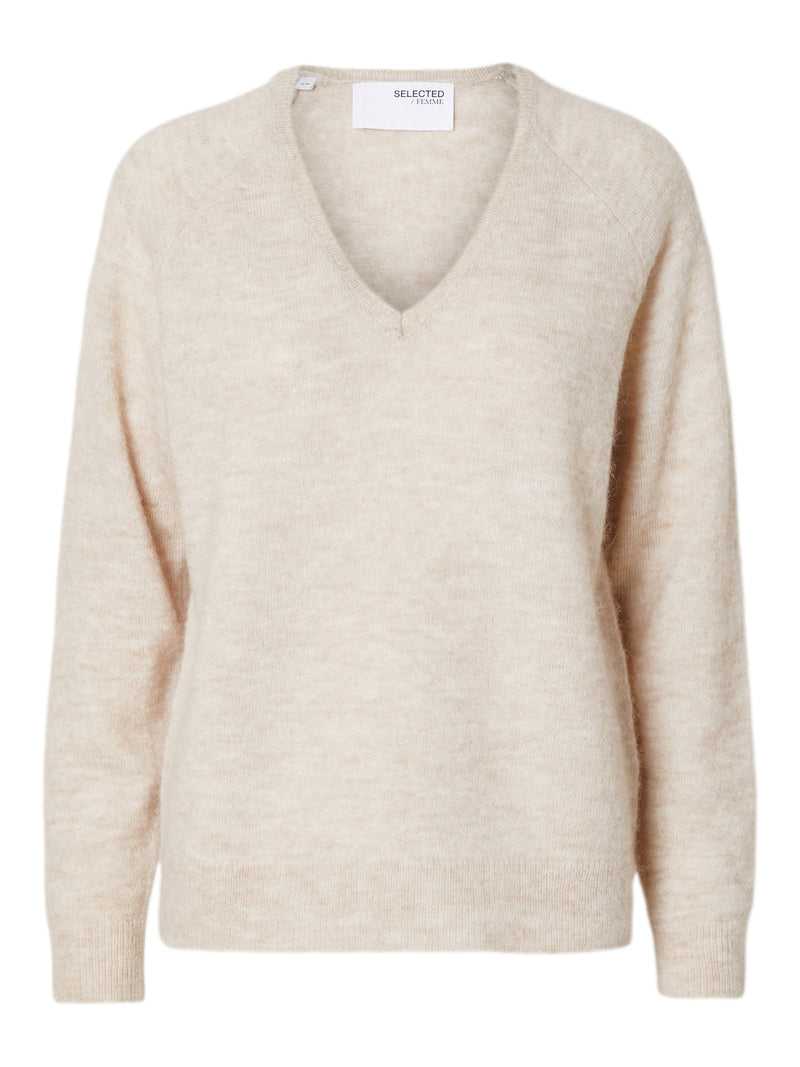 Selected Femme Lulu neule - beige - villaneule - v-aukko - v-aukkoinen neule - naisten vaatteet - IHANA Store 