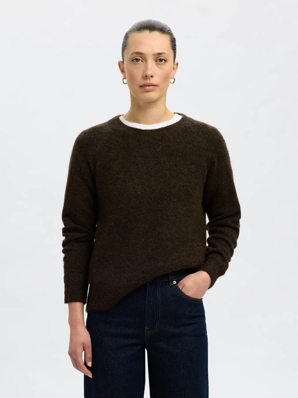 Selected Femme Lulu neule - ruskea - villaneule - o-aukko - o-aukkoinen neule - naisten vaatteet - IHANA Store 