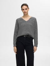 Selected Femme Lulu neule - tummanharmaa - villaneule - v-aukko - v-aukkoinen neule - naisten vaatteet - IHANA Store 