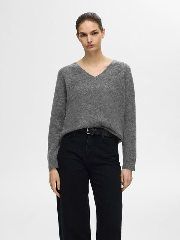 Selected Femme Lulu neule - tummanharmaa - villaneule - v-aukko - v-aukkoinen neule - naisten vaatteet - IHANA Store 