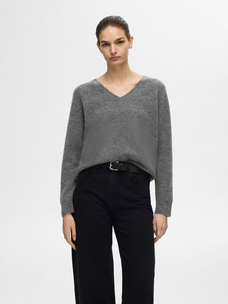 Selected Femme Lulu neule - tummanharmaa - villaneule - v-aukko - v-aukkoinen neule - naisten vaatteet - IHANA Store 