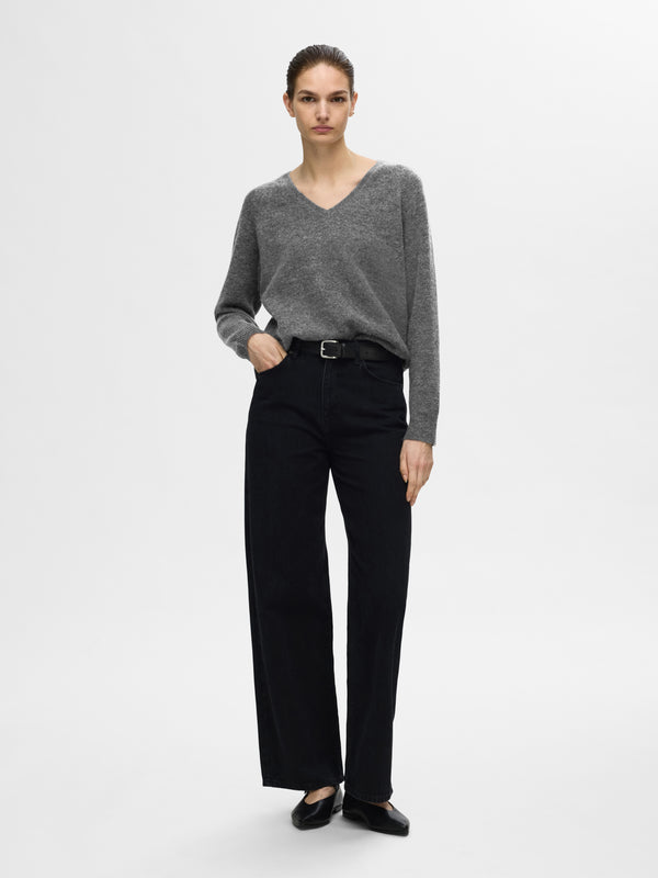 Selected Femme Lulu neule - tummanharmaa - villaneule - v-aukko - v-aukkoinen neule - naisten vaatteet - IHANA Store 