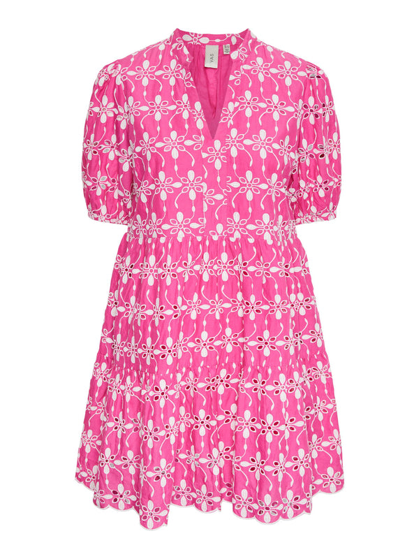 YAS Ellie mekko - pinkki - kuvioitu - pitsimekko - frillamekko -tunikapituinen - naisten vaatteet - IHANA Store